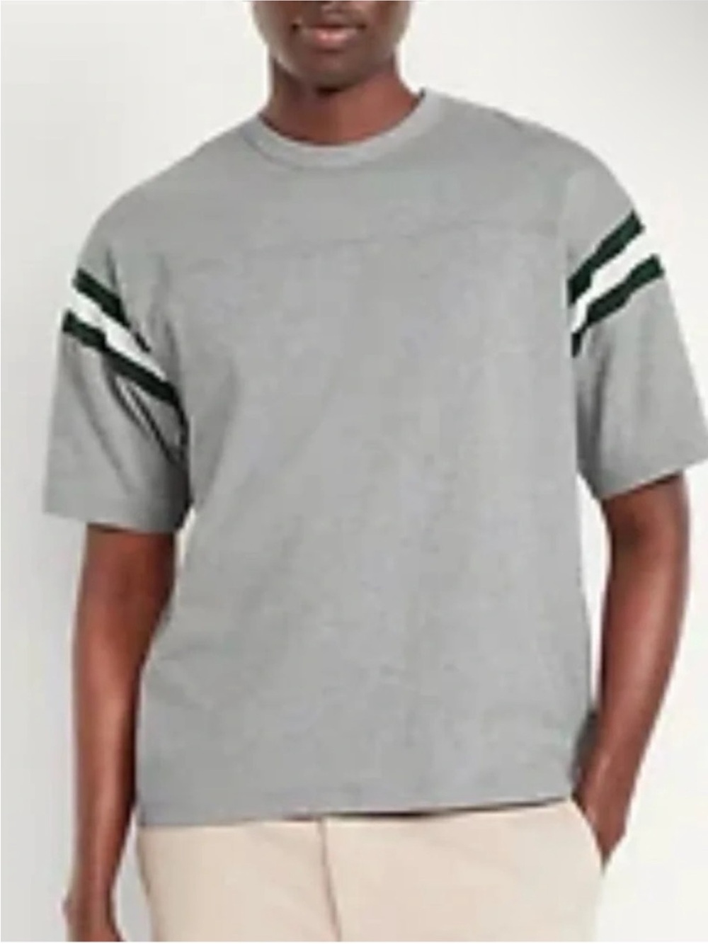 Old Navy Grey Short-Sleeve Crewneck Tee with Dark Green Sleeve Stripes